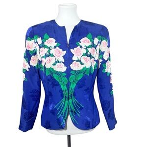 Vintage Adrianna Papell Silk Blue Floral Rose Blazer Size 6